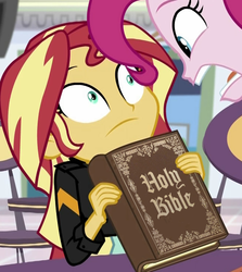 Size: 651x729 | Tagged: safe, edit, edited screencap, screencap, pinkie pie, sunset shimmer, equestria girls, equestria girls specials, g4, mirror magic, bible, blackletter, book, christian sunset shimmer, christianity, cropped, meme, reaction image, religion, religion in the comments