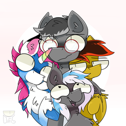 Size: 5120x5120 | Tagged: safe, artist:difis, oc, oc only, earth pony, pegasus, pony, unicorn, absurd resolution, digital art, ear fluff, female, glasses, horn, looking at each other, mare, quarter, rainbow horn, simple background, watermark, wide eyes, ych result