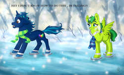 Size: 4097x2480 | Tagged: safe, artist:polainas, oc, oc only, oc:aura skye, oc:evergreen feathersong, pegasus, pony, blushing, clothes, dialogue, digital art, duo, everskye, female, high res, ice, ice skating, laughing, male, mare, scarf, signature, smiling, stallion, surprised, ych result
