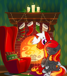 Size: 3500x3953 | Tagged: safe, artist:rish--loo, oc, oc only, oc:flame runner, oc:sky blazer, pegasus, pony, unicorn, blanner, candle, christmas, christmas stocking, couch, digital art, duo, eyes closed, female, fireplace, high res, holiday, male, mare, oc x oc, shipping, smiling, stallion, straight, ych result