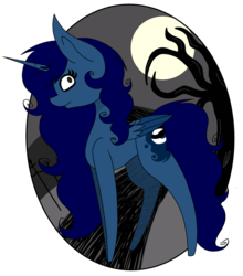 Size: 1977x2250 | Tagged: safe, artist:calibykitty, oc, oc only, oc:midnight, oc:midnight specter, alicorn, pony, alicorn oc, female, fence, mare, moon, side view, simple background, solo, style emulation, tim burton, tim burton style, transparent background