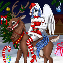 Size: 4000x4000 | Tagged: safe, artist:athenawhite, oc, oc only, oc:graceful motion, deer, pegasus, reindeer, anthro, plantigrade anthro, absurd resolution, anthro oc, candy, candy cane, christmas, christmas lights, christmas tree, clothes, digital art, female, food, furry confusion, hat, high heels, holiday, mare, present, shoes, signature, smiling, socks, solo, striped socks, thigh highs, tree, ych result