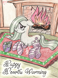 Size: 2480x3291 | Tagged: safe, artist:dandy, marble pie, earth pony, pony, g4, christmas, clothes, female, fireplace, floppy ears, high res, holiday, looking at you, mare, pencil drawing, shy, smiling, socks, solo, striped socks, traditional art