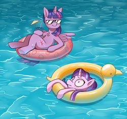 Size: 1024x957 | Tagged: safe, artist:hamanaki, starlight glimmer, twilight sparkle, alicorn, pony, unicorn, g4, awkward, awkward moment, blushing, chest fluff, desperate, duo, duo female, female, floaty, frown, hoof hold, inflatable, inner tube, leaning, mare, on back, pool toy, smiling, smirk, smug, spread wings, sunglasses, twilight sparkle (alicorn), water, wet, wide eyes, wings