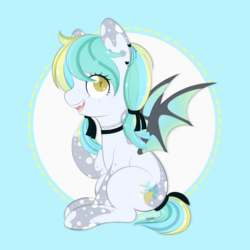 Size: 3000x3000 | Tagged: safe, artist:veincchi, oc, oc only, bat pony, pony, bow, choker, commission, commission open, cute, fangs, female, heart, heart eyes, high res, mare, smiling, solo, wingding eyes