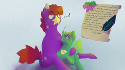 Size: 2560x1440 | Tagged: safe, artist:fuzzypones, pony, boop, colored, duo, feather, festive, hearth's warming, male, message, mistletoe, scroll