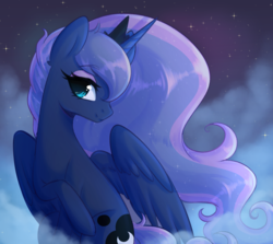 Size: 2911x2601 | Tagged: safe, artist:fluffymaiden, princess luna, alicorn, pony, g4, female, high res, looking at you, mare, night, sitting, smiling, solo
