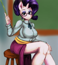 Size: 1600x1800 | Tagged: safe, artist:kunshomo, rarity, anthro, g4, big breasts, breasts, busty rarity, chalkboard, clothes, female, glasses, looking at you, ruler, schoolmarm rarity, shirt, skirt, skirt lift, solo