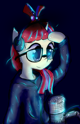 Size: 1426x2200 | Tagged: safe, artist:mistleinn, moondancer, pony, unicorn, g4, clothes, female, glasses, headphones, hoodie, hoof hold, microphone, solo