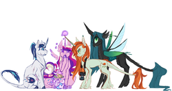 Size: 1879x1000 | Tagged: safe, artist:eqq_scremble, derpibooru exclusive, crackle cosette, princess cadance, princess flurry heart, queen chrysalis, shining armor, whammy, alicorn, changeling, changeling queen, pony, unicorn, eqqverse, g4, the mean 6, alternate design, baby, camera, diaper, disguise, disguised changeling, family, female, foal, headcanon, heart eyes, heart tail, leonine tail, magic, male, mare, next generation, polyamory, ponytail, scar, stallion, wingding eyes