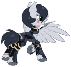 Size: 955x897 | Tagged: dead source, safe, artist:hioshiru, oc, oc only, oc:frion, pegasus, pony, armor, blade, facial markings, female, looking forward, mare, raised hoof, simple background, slender, solo, spread wings, thin, weapon, white background, wingblade, wings