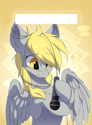Size: 731x1000 | Tagged: dead source, safe, artist:hioshiru, derpy hooves, pony, g4, badge, derpfest, microphone, tangled up