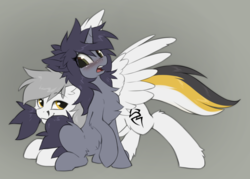 Size: 1280x919 | Tagged: safe, artist:hioshiru, oc, oc:kate, oc:kej, pegasus, pony, unicorn, belly fluff, biting, blushing, chest fluff, duo, ear fluff, k+k, leg fluff, looking at each other, looking at someone, nom, raised hoof, sitting, slender, spread wings, striped tail, tail, tail bite, thin, wings