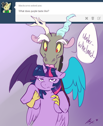 Size: 563x688 | Tagged: safe, artist:mlpfwb, discord, twilight sparkle, alicorn, pony, g4, ask, duo, female, floppy ears, holding a pony, licking, mare, spread wings, tongue out, tumblr, twilight sparkle (alicorn), twilight sparkle is not amused, unamused, wings