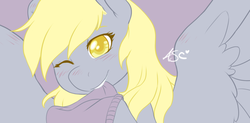 Size: 1280x632 | Tagged: safe, artist:mlpfwb, derpy hooves, pegasus, pony, g4, blushing, bust, clothes, colored pupils, female, mare, one eye closed, smiling, solo, spread wings, sweater, wings