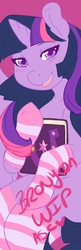 Size: 202x627 | Tagged: safe, artist:mlpfwb, twilight sparkle, alicorn, pony, g4, blushing, book, clothes, colored pupils, female, looking at you, mare, open mouth, smiling, socks, solo, striped socks, twilight sparkle (alicorn), wip