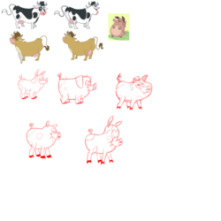 Size: 1000x1000 | Tagged: safe, cow, pig, pony, concept art, holstein, redscale, simple background, udder, white background