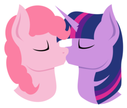 Size: 3000x2554 | Tagged: safe, artist:alltimemine, pinkie pie, twilight sparkle, earth pony, pony, unicorn, g4, bust, duo, eyes closed, female, high res, horn, inkscape, kiss on the lips, kissing, lesbian, lineless, mare, pair, portrait, profile, ship:twinkie, shipping, simple background, smiling, transparent background, vector