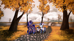 Size: 3010x1700 | Tagged: safe, artist:hagalazka, oc, oc only, pegasus, pony, unicorn, :p, autumn, bridge, clothes, colt, commission, digital art, family, female, filly, high res, jewelry, male, mare, necklace, river, silly, socks, stallion, striped socks, thigh highs, tongue out, tree, trotting