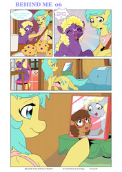Size: 5371x7592 | Tagged: safe, artist:jeremy3, derpy hooves, sunshower raindrops, oc, oc:trissie, oc:valentine, earth pony, pegasus, pony, comic:behind me, g4, absurd resolution, alternate universe, broom, chair, comic, couch, food, glass, glasses, milk, muffin, photo, refrigerator, sink, table