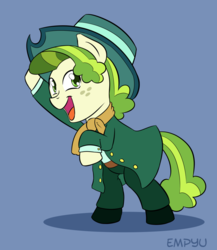 Size: 867x1000 | Tagged: safe, artist:empyu, pistachio, earth pony, pony, g4, my little pony best gift ever, 30 minute art challenge, bipedal, blue background, clothes, cute, fedora, freckles, hat, male, open mouth, pants, pistachiaww, rearing, scarf, simple background, solo, stallion, winter outfit