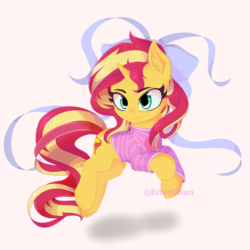 Size: 3000x3000 | Tagged: safe, artist:katakiuchi4u, sunset shimmer, pony, unicorn, g4, bow, clothes, cute, female, freckles, hair bow, high res, mare, peppered bacon, shimmerbetes, simple background, smiling, solo, sweet dreams fuel