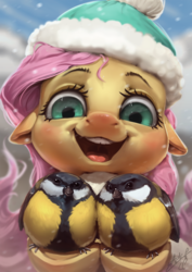 Size: 850x1200 | Tagged: safe, artist:assasinmonkey, fluttershy, bird, great tit, pegasus, pony, tit (bird), g4, animal, blushing, clothes, cute, digital painting, female, floppy ears, fluffy, happy, hat, hoof hold, impossibly large tits, looking at you, mare, open mouth, pun, pun in the tags, red nosed, scarf, shyabetes, smiling, snow, visual pun