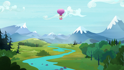 Size: 1920x1080 | Tagged: safe, screencap, fluttershy, twilight sparkle, alicorn, pony, g4, the hooffields and mccolts, forest, hot air balloon, mountain, mountain range, pine tree, river, scenery, tree, twilight sparkle (alicorn), twinkling balloon