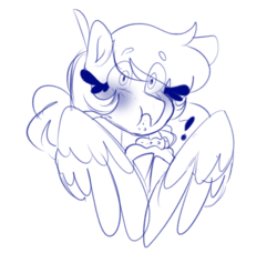 Size: 585x533 | Tagged: safe, artist:clumsiestxcutie, artist:cubbybatdoodles, derpy hooves, pegasus, pony, g4, blushing, eating, exclamation point, female, food, mare, muffin, sketch, solo, wide eyes, wings