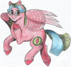 Size: 884x838 | Tagged: safe, artist:69beas, oc, oc only, oc:summer lights, pegasus, pony, flying, frog (hoof), glasses, smiling, solo, traditional art, underhoof, wings