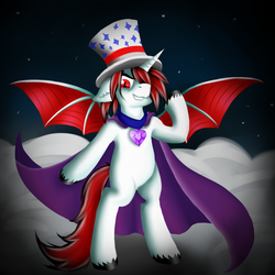 Size: 1200x1200 | Tagged: safe, artist:hebini, oc, oc only, alicorn, bat pony, bat pony alicorn, hybrid, pony, bat pony oc, bipedal, cape, clothes, hat, jewelry, solo, spread wings, top hat, unshorn fetlocks, wings
