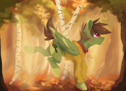 Size: 1166x845 | Tagged: safe, artist:tangomangoes, oc, oc only, oc:olive hue, pegasus, pony, autumn, clothes, forest, leaves, solo, tree