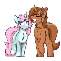 Size: 2000x2000 | Tagged: safe, alternate version, artist:spoopygander, oc, oc only, oc:scoops, oc:sign, pony, unicorn, 2019 community collab, derpibooru community collaboration, blushing, body writing, chest fluff, duo, ear fluff, eyelashes, eyes closed, female, freckles, high res, looking away, mare, markings, multicolored hair, outline, simple background, smiling, transparent background