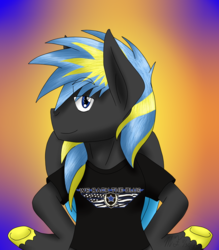 Size: 1842x2100 | Tagged: safe, artist:midnightfire1222, oc, oc only, oc:ark flash, pegasus, pony, clothes, flag, male, shirt, simple background, smiling, solo, stars, stripes, t-shirt, we back the blue