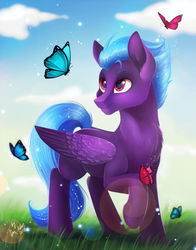 Size: 1024x1307 | Tagged: safe, artist:das_leben, oc, oc only, butterfly, pegasus, pony, lens flare, male, raised hoof, solo, stallion