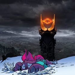 Size: 768x768 | Tagged: safe, artist:andy price, edit, idw, official comic, tempest shadow, pony, unicorn, g4, spoiler:comic, spoiler:comic68, barad-dûr, broken horn, comic, eye of sauron, eye scar, female, floppy ears, horn, lord of the rings, mare, open up your *very* eyes, preview, prone, scar, scared, snow, tempest's tale, terrified, wide eyes