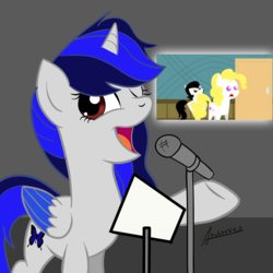 Size: 2000x2000 | Tagged: safe, artist:archooves, surprise, oc, oc:sapphire chrys, alicorn, pony, high res, microphone