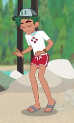 Size: 308x509 | Tagged: safe, screencap, timber spruce, equestria girls, g4, my little pony equestria girls: better together, turf war, clothes, eyes closed, feet, legs, lifeguard, lifeguard timber, male, male feet, sandals, shorts, toes