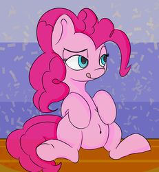 Size: 900x976 | Tagged: safe, artist:treekickerdraws, pinkie pie, earth pony, pony, g4, abstract background, belly button, chubby, female, mare, sitting, solo, tongue out, underhoof