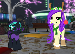 Size: 1112x812 | Tagged: safe, oc, oc only, oc:flower blossom, oc:nyx, alicorn, pony, 3d, bench, floral head wreath, flower, flower in mouth, game screencap, mouth hold, pillow, second life, snow, snowfall, tree, trotsdale
