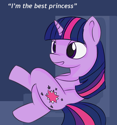 Size: 850x911 | Tagged: safe, artist:treekickerdraws, twilight sparkle, alicorn, pony, g4, abstract background, crossed legs, delusion, female, mare, open mouth, quote, sitting, solo, twilight sparkle (alicorn)