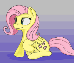 Size: 900x760 | Tagged: safe, artist:treekickerdraws, fluttershy, pegasus, pony, g4, :t, abstract background, female, fluttershy is not amused, mare, raised hoof, sitting, solo, unamused