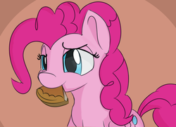 Size: 850x615 | Tagged: safe, artist:treekickerdraws, pinkie pie, earth pony, pony, g4, abstract background, female, food, mare, mouth hold, pie, smiling, solo