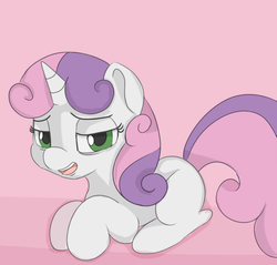 Size: 900x862 | Tagged: safe, artist:treekickerdraws, sweetie belle, pony, unicorn, g4, female, filly, looking at you, lying down, misleading thumbnail, open mouth, solo, tired