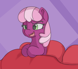 Size: 800x707 | Tagged: safe, artist:treekickerdraws, cheerilee, earth pony, pony, g4, abstract background, bed, bedsheets, female, mare, open mouth, pillow, smiling, solo