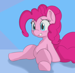 Size: 850x833 | Tagged: safe, artist:treekickerdraws, pinkie pie, earth pony, pony, g4, abstract background, blushing, chubby, featureless crotch, female, mare, sitting, smiling, solo, spread legs, spreading