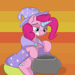 Size: 900x900 | Tagged: safe, artist:treekickerdraws, pinkie pie, earth pony, pony, g4, abstract background, cape, cauldron, clothes, fake horn, female, hat, lidded eyes, looking down, mare, smiling, solo, trixie's cape, trixie's hat