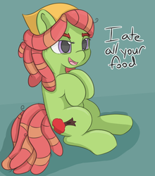 Size: 748x850 | Tagged: safe, artist:treekickerdraws, tree hugger, earth pony, pony, g4, abstract background, dreadlocks, female, huggerbetes, mare, open mouth, sitting, smiling, solo, text