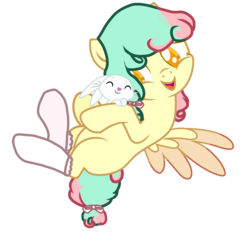 Size: 1024x951 | Tagged: safe, artist:jxst-blue, angel bunny, oc, oc:sweet spring, pegasus, pony, g4, clothes, female, mare, nuzzling, simple background, socks, transparent background