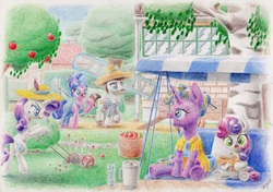 Size: 4665x3275 | Tagged: safe, artist:xeviousgreenii, cookie crumbles, hondo flanks, rarity, sweetie belle, oc, pony, g4, apple tree, bush, cart, family, hammock, high res, ladder, lawn mower, magic, music box, shears, swing, traditional art, tree